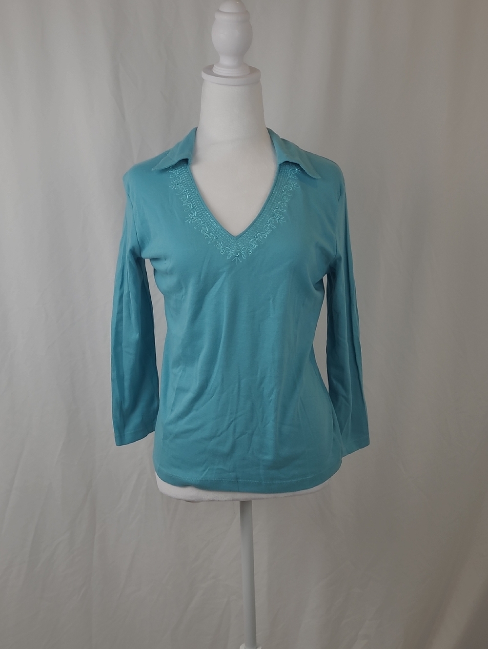 Geoffrey Beene Teal V-Neck Collared Long Sleeve Top